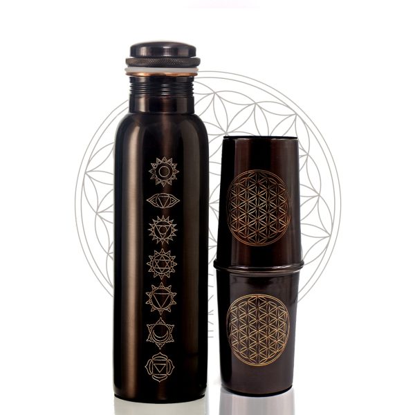 Copper Water Bottle with 2 Glasses Set with 7 Chakra Design